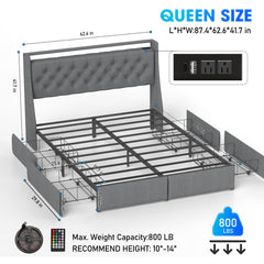 Queen Metal Platform Bed Frame - Grey, Storage Headboard with RGB LED & Charging Station