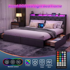 Queen Metal Platform Bed Frame - Grey, Storage Headboard with RGB LED & Charging Station