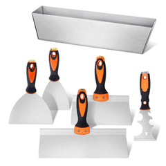 6PCS Drywall Knife Set , Stainless Steel Paint Scraper Putty Knife 3'' 4'' 6'' 8'' 12'' with Mud Pan