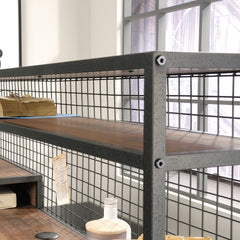 Industrial L-Shaped Desk with 2 Drawers and Shelves, Brown finish