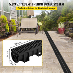 Trench Drain System, Channel Drain with Plastic Grate, 5.9x5.1-Inch HDPE Drainage Trench, Black Plastic Garage Floor Drain, 6x39 Trench Drain Grate, with 6 End Caps, for Garden, Driveway-6 Pack