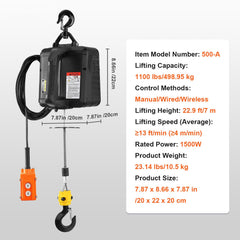 3-in-1 Electric Hoist Winch, 1100lbs 1500W Portable Power Winch Crane, 110V/120V 22.9 ft Lifting Height, 13 ft/min with Manual, Wired and Wireless Remote Control, Overload Protection