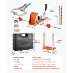 Pocket Hole Jig Kit, 1/2 to 1-1/2 in Adjustable, Jig Pocket Hole System with Toolcase, C-Clamp, Step Drill, Hex Wrench, Drill Stop Ring, Square Drive Bit, Reinforced Metal Frame, for Woodworking