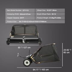 50" Tow Behind Lawn Sweeper 26 Cu. Ft. Leaf & Grass Collector Adjustable Height