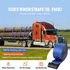 Winch Straps, 4" x 30', 6000 lbs Load Capacity, 18000 lbs Breaking Strength, Truck Straps with Flat Hook, Flatbed Tie Downs Cargo Control for Trailers, Farms, Rescues, Tree Saver, Blue (10 Pack)