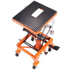 Hydraulic Motorcycle Lift Table, 350 LBS Capacity Motorcycle Scissor Jack Lift with Wide Deck, J-hooks, 4 Wheels, Hydraulic Foot-Operated Jack Stand for ATV Dirt Bikes