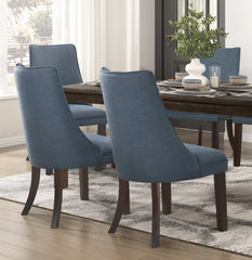 Blue Textured Fabric Upholstered Side Chairs Set of 2, Dark Walnut Finish Wooden Legs Modern Dining Kitchen Furniture