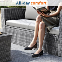 4-Piece All Weather Wicker Patio Conversation Set with Gray Cushions and Glass Table