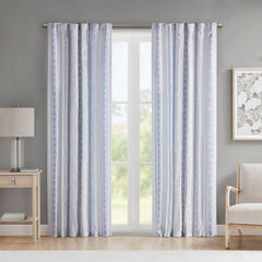 Poly Printed Curtain Panel with Tufted Stripe and Lining White/Navy 50x84"