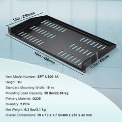 2PCS 1U Server Rack Shelf 10"/254 mm Depth Vented Rack Mount Shelf Tray