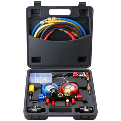 4 Way AC Gauge - AC Manifold Gauge Set for R134A R22 R12 R410A Refrigerant, Freon Gauges with 5ft Hoses, Couplers, Can Tap Works on Car Auto Freon Charging and Evacuation