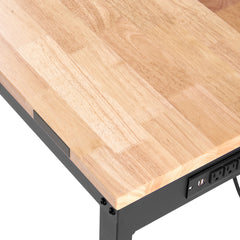 Workbench Adjustable Height, 61" x 20" Garage Table w/ 27.1" - 36" Heights & 2000 LBS Load Capacity, with Power Outlets & Hardwood Top & Metal Frame & Foot Pads, for Workshop Office Home