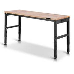 Workbench Adjustable Height, 61" x 20" Garage Table w/ 27.1" - 36" Heights & 2000 LBS Load Capacity, with Power Outlets & Hardwood Top & Metal Frame & Foot Pads, for Workshop Office Home