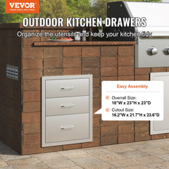 18x20.5 Inch Outdoor Kitchen Stainless Steel Triple Access BBQ Drawers with Chrome Handle, 18 x23 x 23 Inch