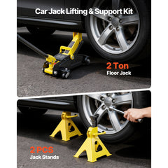 Low Profile Floor Jack, 2 Ton (4400 lbs) Capacity, Steel Racing Floor Jack with Stands, Single Piston Quick Lift Pump, Hydraulic Trolley Car Lift for Compact SUVs, Lifting Range 5.1-12.2 Inches