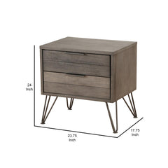 Contemporary Solid Wood Night Stand with Metal Hairpin Legs, Grey
