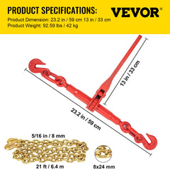 Chain Load Binder, 5/16" Tie Down Kit w/ 6600LBS Working Load Capacity and Two Grab Hooks, Includes (4) Ratchet Binders - (4) 21' Grade 80 Chains, Transport Load Package for Hauling, Towing