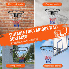 Basketball Rim, Wall Door Mounted Basketball Hoop, Heavy Duty Q235 Basketball Flex Rim Goal Replacement with Net and Double Spring, Standard 18" Indoor Outdoor Hanging Hoop for Kids Adults