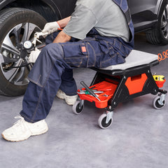 Mechanics Stool, 300 LBS Capacity Rolling Mechanic Seat with 4" Wheels, with Three Slide Out Tool Trays and Drawer, Heavy Duty Roller Creeper Seat for Home Garage DIY Automotive