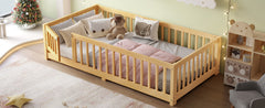 Twin Size Bed Floor Bed with Safety Guardrails and Door for Kids, Natural