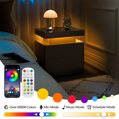 Nightstand LED Bedside Table Cabinet Lights Modern End Side with 2 Drawers for Bedroom (Black)