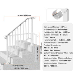 3-4 Step Handrails for Outdoor for Seniors Porch Deck Retro Arch White