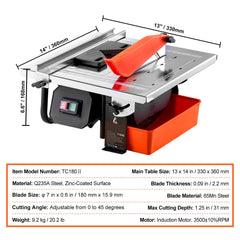 Wet Tile Saw, 7-inch 65Mn Steel Blade, 3500 RPM Induction Motor, Tile Cutter Wet Saw with Water Reservoir, 0-45 Degrees Miter Angle for Cutting Tiles and Stones, for DIY Enthusiasts
