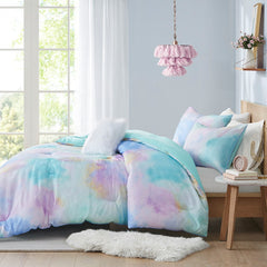 King/Cal King Watercolor Tie Dye Printed Comforter Set with Throw Pillow