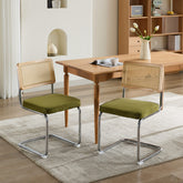 Mid Century Modern Dining Chairs Set of 2, Velvet Accent Chairs with Natural Cane Back & Stainless Chrome Base, Famous Breuer Designed Chairs, Upholstered Rattan Kitchen Chairs,Olive-Green