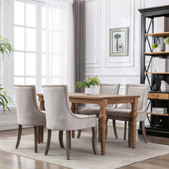 A&A Furniture,Ultra Side Dining Chair,Thickened fabric chairs with neutrally toned solid wood legs, Bronze nail head,Set of 2,Beige