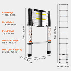 Telescoping Ladder Aluminum Extension Step 10.5 ft Multi-purpose Portable