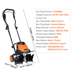 12 Amp Electric Tiller, 18" Tilling Width 3.94" Tilling Depth Corded Electric Tiller/Cultivator, Steel Mn Tines, Rototiller for Garden Lawn Soil Digging