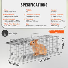 Live Animal Cage Trap, 24" x 8" x 8" Humane Cat Trap Galvanized Iron, Folding Animal Trap with Handle for Rabbits, Stray Cats, Squirrels, Raccoons, Groundhogs and Opossums