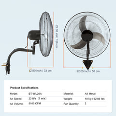 Wall Mount Fan, 2 PCS 20 inch Oscillating, 3-speed High Velocity Max. 4000 CFM Industrial Wall Fan for Indoor, Commercial, Residential, Warehouse, Greenhouse, Workshop, Basement, Garage,Black