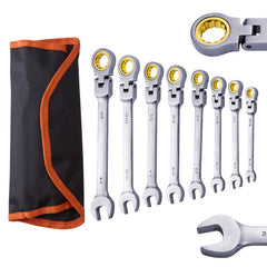 Flex-Head Ratcheting Wrench Set 8 PCS SAE 5/16"-3/4" with Roll-up Pouch