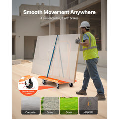 Drywall Cart Dolly, 1800 lbs Load Capacity, Steel Panel Dolly with 4 Swivel Casters, Durable & Long-lasting, Panel Truck Cart with Tie-Down Strap for Plywood, Plasterboard, Glass, Orange