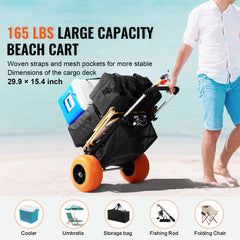 Beach Dolly with Big Wheels for Sand, 29.9" x 15.4" Cargo Deck, w/ 12" Foam Wheels, 165LBS Loading Capacity Folding Sand Cart & 27" to 44.7" Adjustable Height, Heavy Duty Cart for Beach