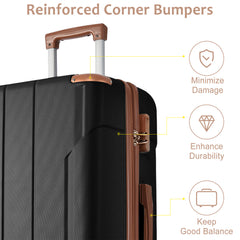 Luggage Sets 3 Piece, Hard shell ABS Lightweight Durable Suitcases with Double Spinner Wheels 20/24/28 Inch (Black Brown)