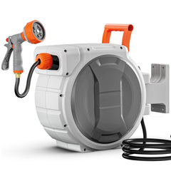 Retractable Garden Hose Reel, 1/2 Inch x 65 ft Wall Mounted, Heavy Duty Garden Hose Reel with 9 Patterns Nozzle, Any Length Lock, Upgraded Slow Return System and 180°Swivel Bracket