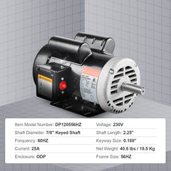 5HP Air Compressor Electric Motor 230V 25A 3450RPM 56Hz Frame CW/CCW Rotation (Factory Setting is CCW)