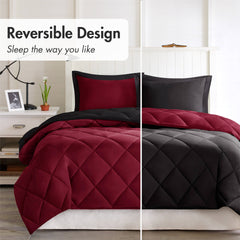 3 Pieces Full/Queen 3M Scotchgard Diamond Quilting Reversible Down Alternative Comforter Set,Red+Black