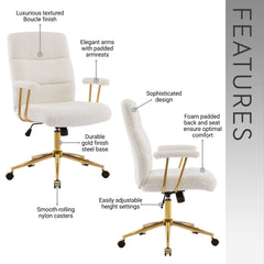 Textured Boucle Fabric White and Gold Office Chair, Modern Height Adjustable Desk Chair with Padded Arms