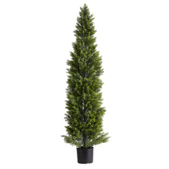 Artificial Topiary Cedar Trees, 60 inch 2 Set Faux Pine Shrubs Plants, Fake Silk Tree Look Real, Easy Assembly for Decor Front Porch Outdoor Patio Garden Balcony Backyard Indoor Office