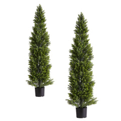Artificial Topiary Cedar Trees, 60 inch 2 Set Faux Pine Shrubs Plants, Fake Silk Tree Look Real, Easy Assembly for Decor Front Porch Outdoor Patio Garden Balcony Backyard Indoor Office
