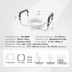 Raised Toilet Seat, 3.5" Height Raised, 300 lbs Weight Capacity, for Standard Round Toilet, Aluminum Handrail, with EVA Armrest Padding, for Elderly, Handicap, Patient, Pregnant, Medical