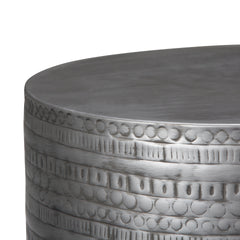 Johnsen 15 inch Wide Tribal Pattern Metal Accent Table in Antique Silver