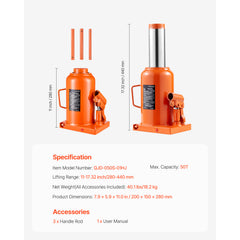 Hydraulic Bottle Jack 50 Ton Manual High Lift Automotive Car Repair Shop