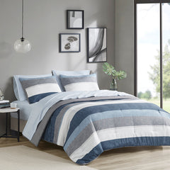Stripe Comforter Set with Bed Sheets Blue/Grey Twin