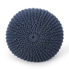 Bordeaux Knitted Cotton Round Pouf, Navy Blue
