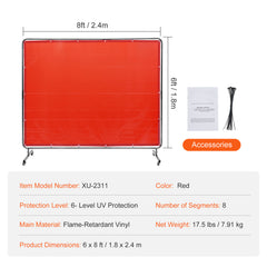Welding Screen with Frame, 6' x 8' Welding Curtain Screen, Flame-Resistant Vinyl Welding Protection Screen on 4 Swivel Wheels (2 Lockable), Moveable & Professional for Workshop/Industrial, Red